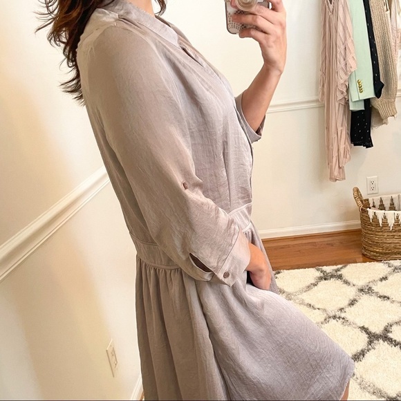 Aqua Satin Button Front Fit & Flare Dress Taupe L - Picture 3 of 11